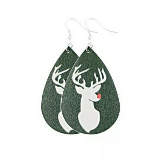 Green Leather Teardrop Reindeer Dangle Drop Earrings - Picture 5 of 5